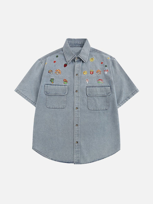 Ozes Style - Cartoon Embroidery Denim Short Sleeve Shirts